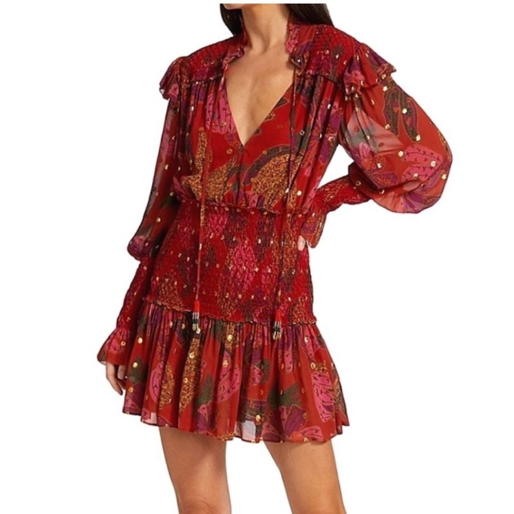 Farm Rio Banana Flowers Smocked Mini Dress In Red Size XS